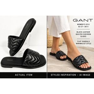 Gant Cruzla Black Quilted Leather Slide Sandals Padded Chevron EU37 US6 NWOT‎